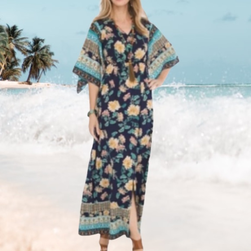 NWOT Chico’s Kimono Navy Blue Floral Peony Maxi Dress Size XS 2